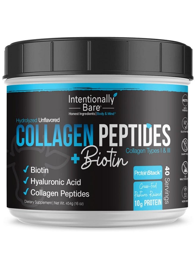 Intentionally Bare Collagen Peptides Biotin Hyaluronic Acid Vitamin C Zinc Antiaging Keto Paleo 10G Protein Zero Carbs Grassfed Pasture Raised Dairy Free Unflavored 40 Servings  - Image 1