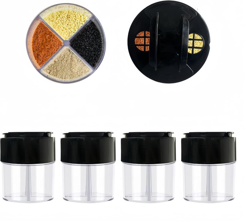 HANZE 4-Pack 4 in 1 Salt and Pepper Shaker Jars Bottles, 4-Grid Flip Lid Spice Jars - Cylindrical Empty Plastic Seasoning Containers with Transparent Body for Travel Camping BBQ Kitchen Cooking (Black) - Image 1