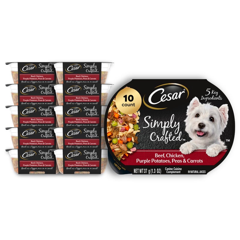 Cesar Simply Crafted Adult Wet Dog Food Toppers for Dry Food, Beef, Chicken, Purple Potatoes, Peas & Carrots, 1.3 oz Tubs, 10 Count - Image 1