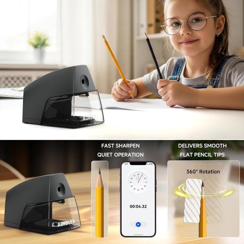 Aurbuex Electric Pencil Sharpener for 6 to 8 mm Pencils Helical Blade Fast 4 Second Sharpening Large Shavings Bin Non Slip Feet Safe Design for Classroom Office and Home(S1131) - Image 4