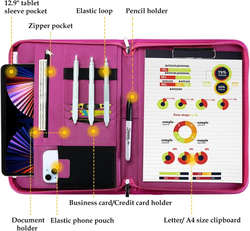 Procase Portfolio Business Padfolio Folder with Zipper, Conference Meeting Executive File Legal Document Organizer with Pockets Letter Size A4 Writing Pad Notepad Padfolio -Magenta - Image 3
