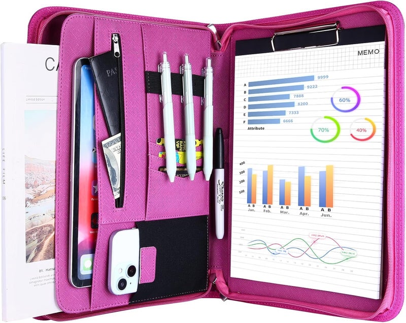 Procase Portfolio Business Padfolio Folder with Zipper, Conference Meeting Executive File Legal Document Organizer with Pockets Letter Size A4 Writing Pad Notepad Padfolio -Magenta - Image 1