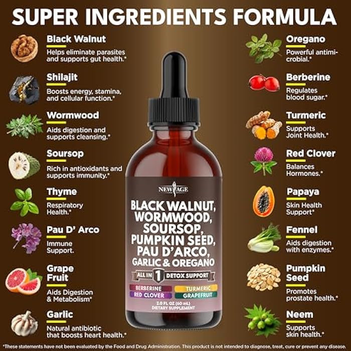 New Age Black Walnut Wormwood Cleanse Drops - Liquid Soursop, Garlic, Pumpkin Seed, PAU D'Arco, Oil of Oregano, Turmeric, Berberine, Neem Extract, Hull Bark, Tincture - 8oz - Image 2