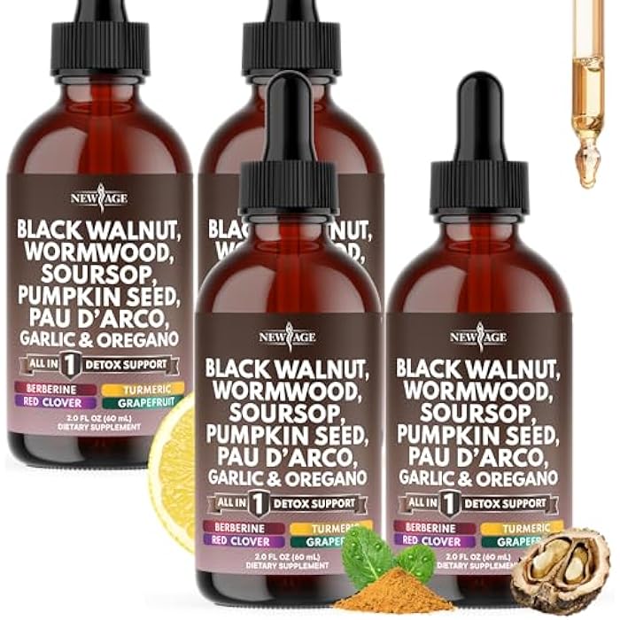 New Age Black Walnut Wormwood Cleanse Drops - Liquid Soursop, Garlic, Pumpkin Seed, PAU D'Arco, Oil of Oregano, Turmeric, Berberine, Neem Extract, Hull Bark, Tincture - 8oz - Image 1