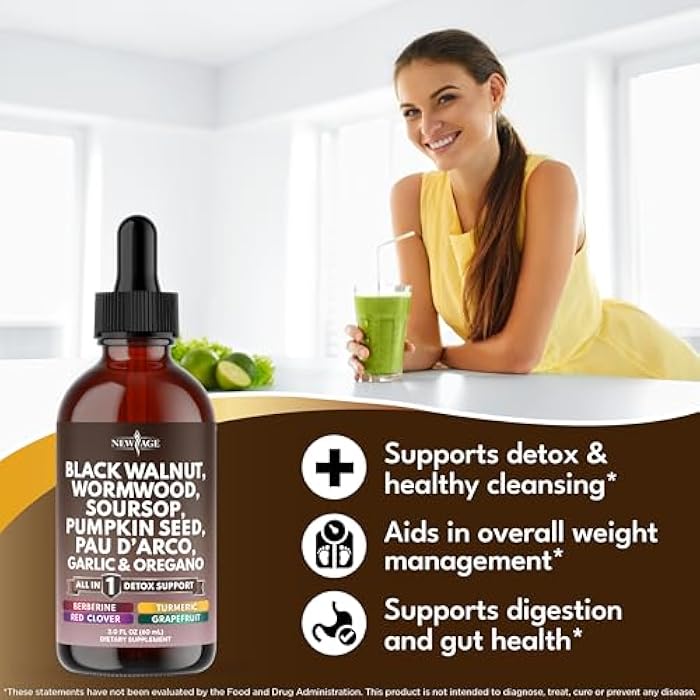 New Age Black Walnut Wormwood Cleanse Drops - Liquid Soursop, Garlic, Pumpkin Seed, PAU D'Arco, Oil of Oregano, Turmeric, Berberine, Neem Extract, Hull Bark, Tincture - 8oz - Image 3