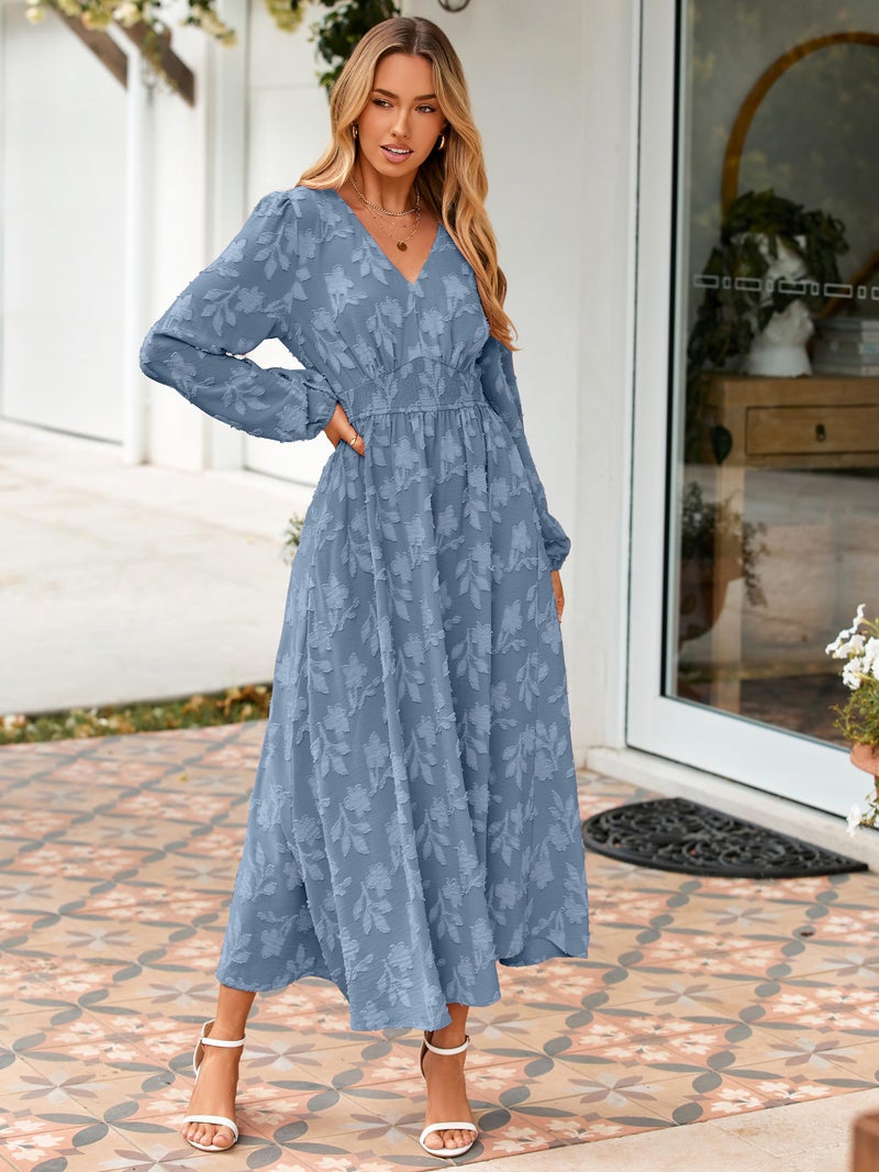 Simplee Womens Boho Floral Long Sleeve Maxi Dress V Neck Empire Waist Fall Wedding Guest Dresses with Pockets Dusty Blue M - Image 5
