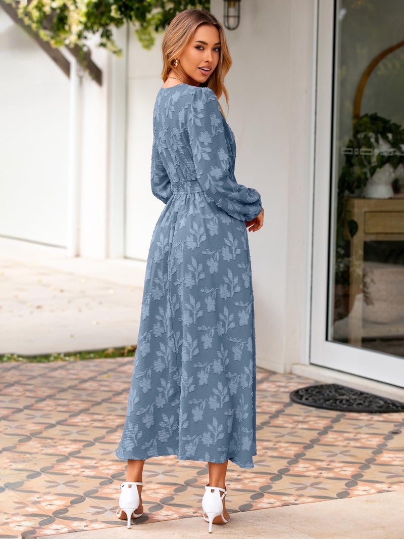 Simplee Womens Boho Floral Long Sleeve Maxi Dress V Neck Empire Waist Fall Wedding Guest Dresses with Pockets Dusty Blue M - Image 4
