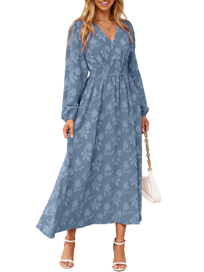 Simplee Womens Boho Floral Long Sleeve Maxi Dress V Neck Empire Waist Fall Wedding Guest Dresses with Pockets Dusty Blue M - Image 1