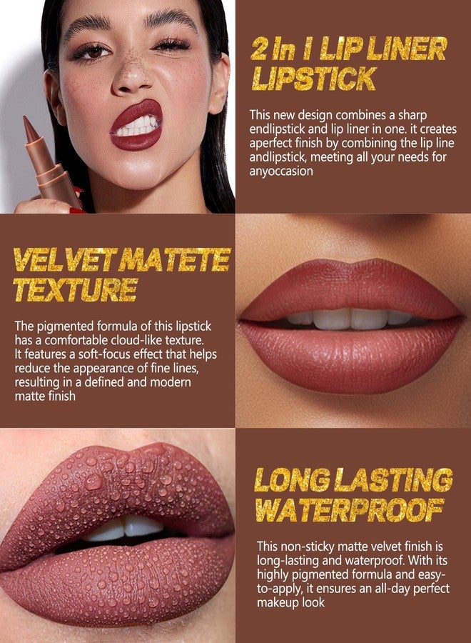 LYSdefeu 2 in 1 Lip Liner Lipstick,Coffee Nude Brown Lipliner Lipstick, Velvet Matte Sharpened Head Lipstain, Longlasting Waterproof High Pigmented Non-sticky Tinted Lip Liner,Mother's Makeup Gift for Women-06 - Image 3