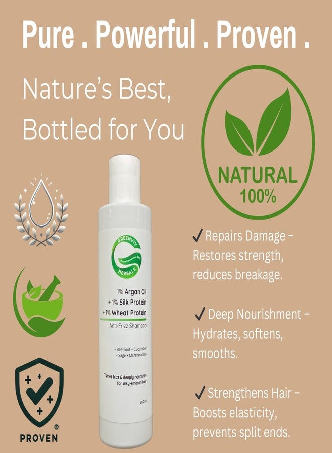 Greenviv 1% Argan Oil + 1% Silk Protein + 1% Wheat Protein Anti-Frizz Shampoo | Smoothens, Hydrates & Controls Frizz, Restores Softness & Shine | 200ml - Image 2