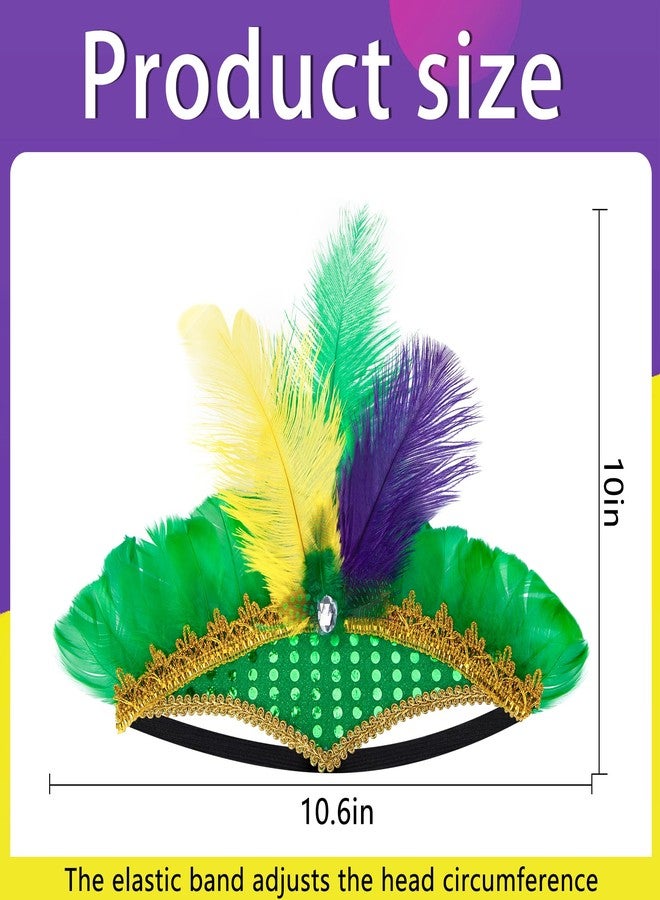 Watayo 8 Pcs Mardi Gras Feather Headband, Purple Yellow Green Masquerade Headwear, Mardi Gras Sequin Flapper Headpiece Headdress for Women Girls New Orleans Cocktail Costume Party - Image 2