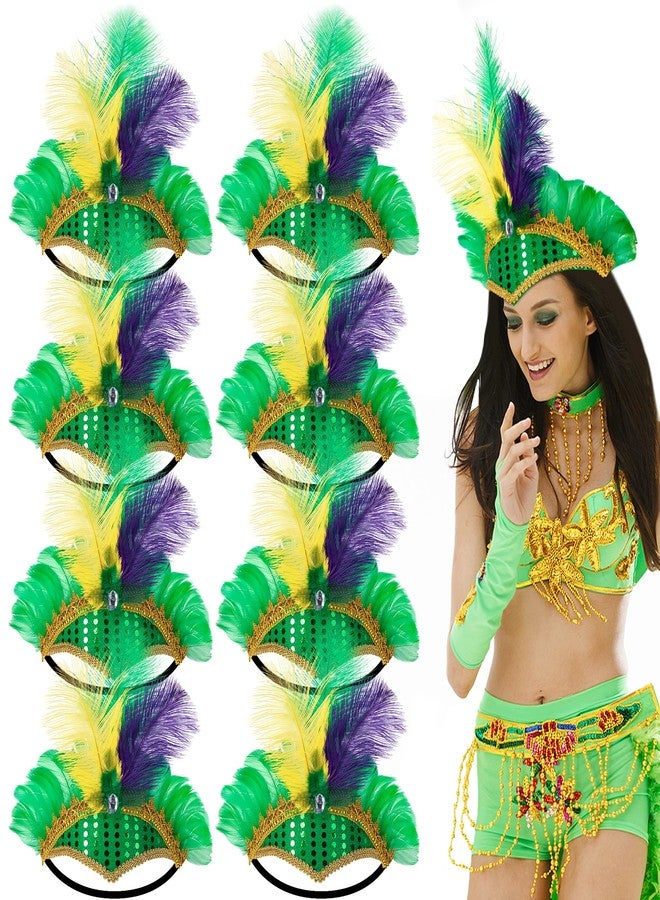 Watayo 8 Pcs Mardi Gras Feather Headband, Purple Yellow Green Masquerade Headwear, Mardi Gras Sequin Flapper Headpiece Headdress for Women Girls New Orleans Cocktail Costume Party - Image 1
