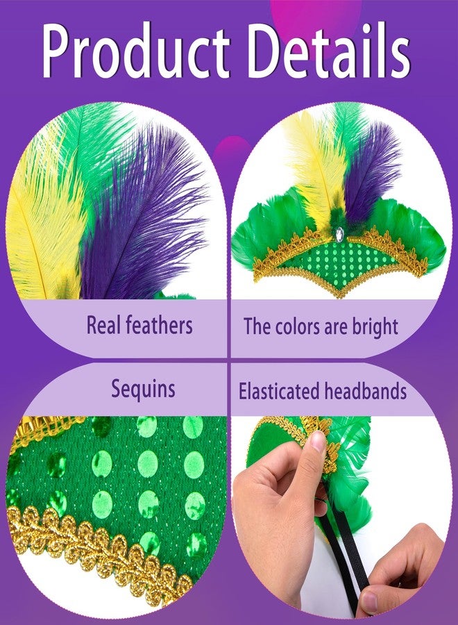 Watayo 8 Pcs Mardi Gras Feather Headband, Purple Yellow Green Masquerade Headwear, Mardi Gras Sequin Flapper Headpiece Headdress for Women Girls New Orleans Cocktail Costume Party - Image 3