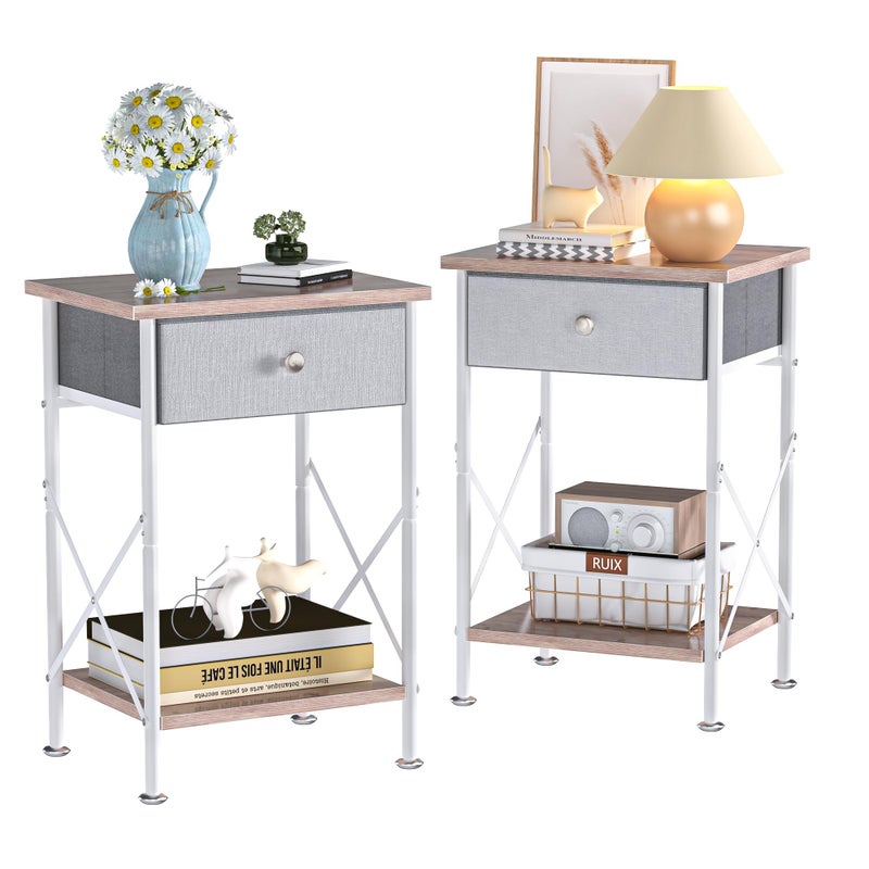 VECELO End Tables, Modern Nightstand with Fabric Drawer & Open Shelf, Night Stand for Bedroom Living Room, Industrial Metal Frame, Easy Assembly, Grey,2 Pack - Image 1