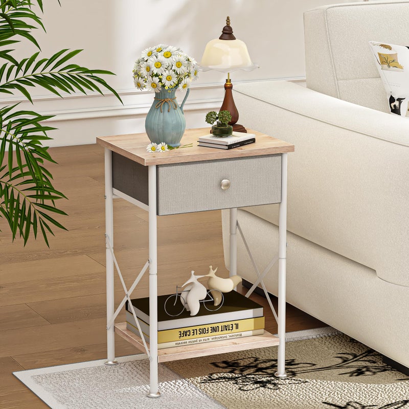 VECELO End Tables, Modern Nightstand with Fabric Drawer & Open Shelf, Night Stand for Bedroom Living Room, Industrial Metal Frame, Easy Assembly, Grey,2 Pack - Image 2