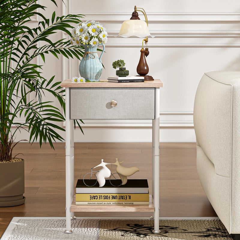 VECELO End Tables, Modern Nightstand with Fabric Drawer & Open Shelf, Night Stand for Bedroom Living Room, Industrial Metal Frame, Easy Assembly, Grey,2 Pack - Image 5