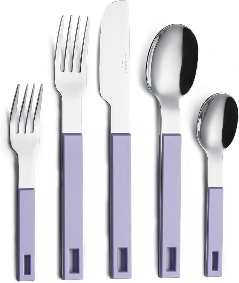 Annova ANNOVA Silverware Set 20 Pieces Stainless Steel Color Block Handle Modern Style Flatware  4xDinner Knife4xDinner Fork4xSalad Fork4xDinner Spoon4xDessert SpoonLilac Purple - Image 1