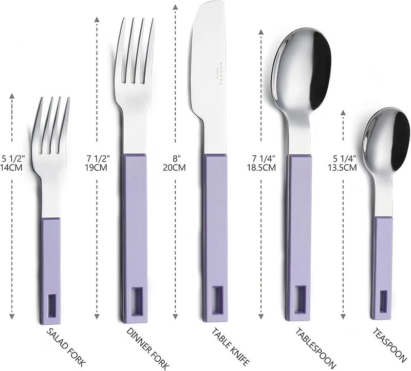 Annova ANNOVA Silverware Set 20 Pieces Stainless Steel Color Block Handle Modern Style Flatware  4xDinner Knife4xDinner Fork4xSalad Fork4xDinner Spoon4xDessert SpoonLilac Purple - Image 3