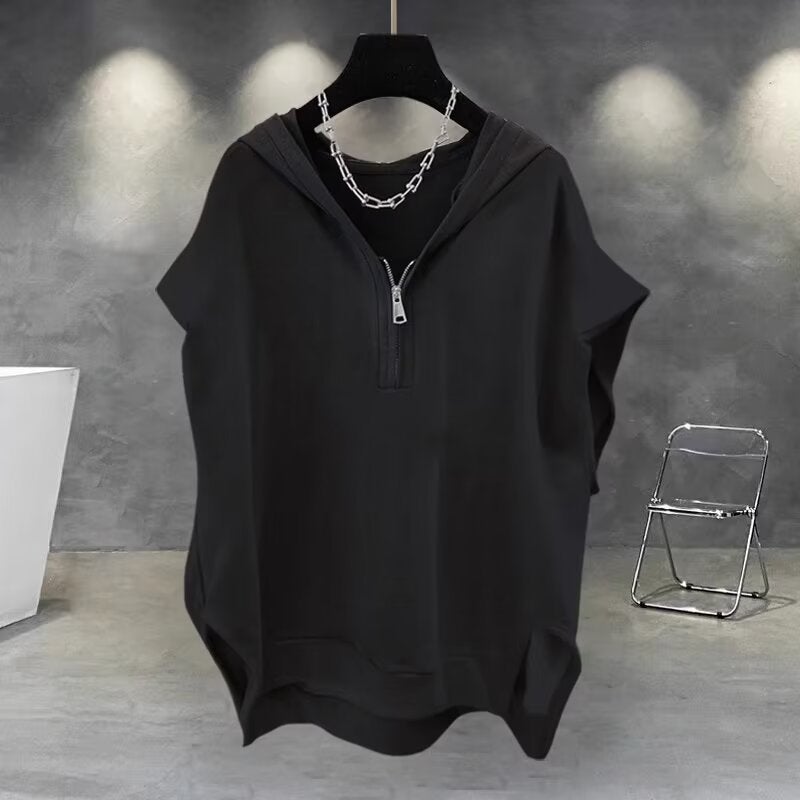 Waffles Hooded Solid Color Vest for Boys Summer Loose Ins Fashionable Sports Sleeveless T-Shirt Waistcoat Black