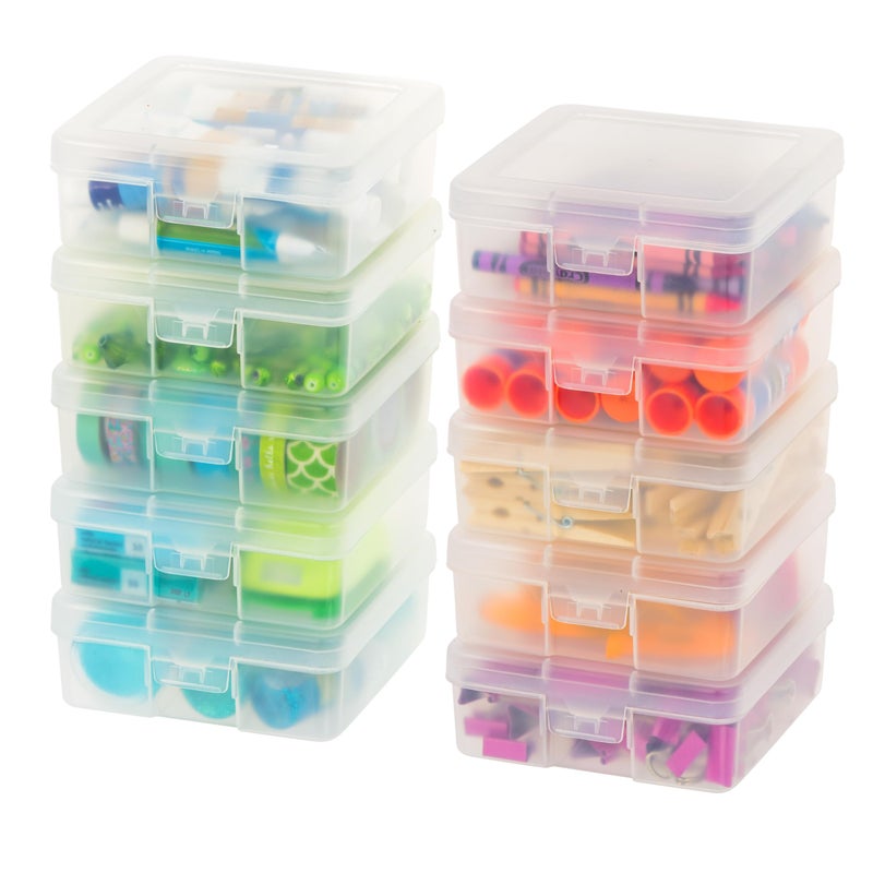 IRIS USA Plastic Pencil Case Box Craft Hobby Art School Supply Storage Organizer Container with Latching Lid, 10-Pack, for Bead Pens Ribbons Wahi Tape Sticker Yarn Ornaments, Stackable, Clear, Small - Image 1
