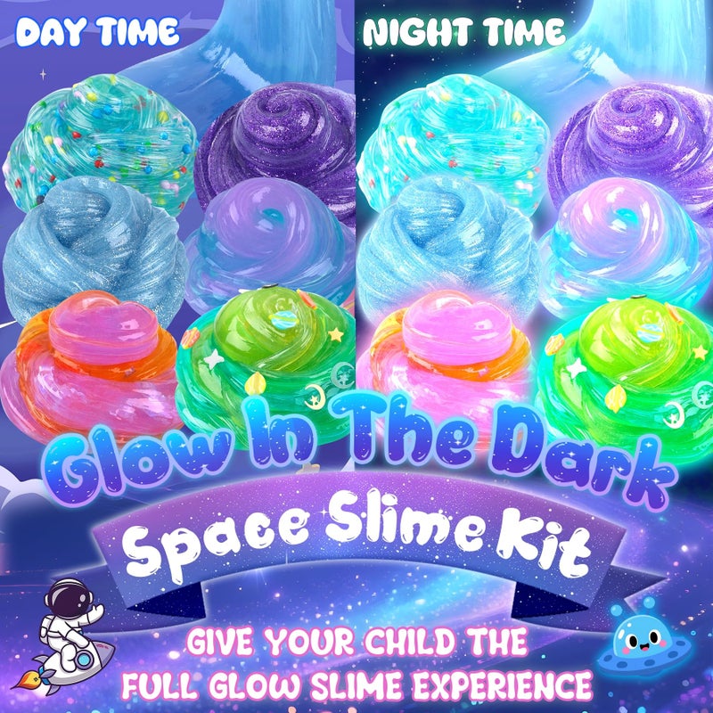 Okaybee Galaxy Glow-in-The-Dark Slime Kit 9 Pack - Space Slime with Astronaut, Alien & UFO Charms, DIY Slimes Set Sensory Toys, Slimes Party Favors for Kids Gift - Image 5