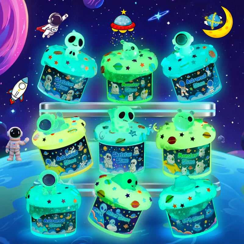 Okaybee Galaxy Glow-in-The-Dark Slime Kit 9 Pack - Space Slime with Astronaut, Alien & UFO Charms, DIY Slimes Set Sensory Toys, Slimes Party Favors for Kids Gift - Image 4