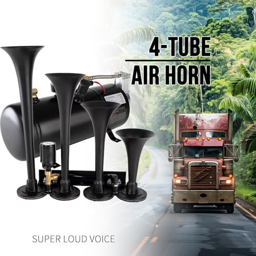 AOLIHAN Super Loud Train Horns Kit,180dB Four Trumpet Truck Horns with 150 PSI Air Tank,12V Air horn with 0.8 gallon Air Compressor Can for Truck, Jeep,Pickup,SUV (Black truck parallel horn kit) - Image 2