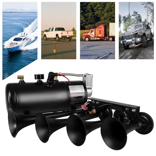 AOLIHAN Super Loud Train Horns Kit,180dB Four Trumpet Truck Horns with 150 PSI Air Tank,12V Air horn with 0.8 gallon Air Compressor Can for Truck, Jeep,Pickup,SUV (Black truck parallel horn kit) - Image 3