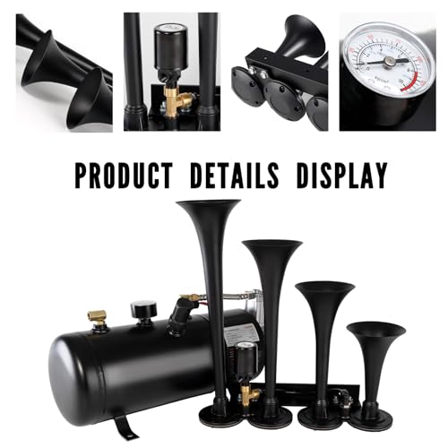 AOLIHAN Super Loud Train Horns Kit,180dB Four Trumpet Truck Horns with 150 PSI Air Tank,12V Air horn with 0.8 gallon Air Compressor Can for Truck, Jeep,Pickup,SUV (Black truck parallel horn kit) - Image 4