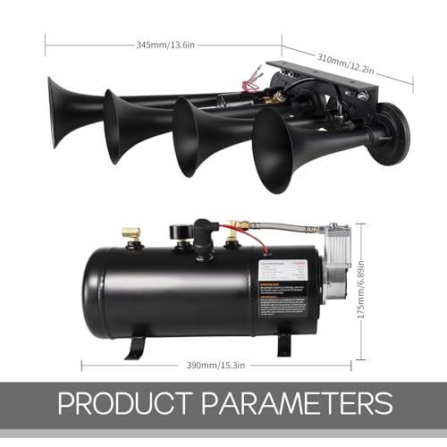 AOLIHAN Super Loud Train Horns Kit,180dB Four Trumpet Truck Horns with 150 PSI Air Tank,12V Air horn with 0.8 gallon Air Compressor Can for Truck, Jeep,Pickup,SUV (Black truck parallel horn kit) - Image 5