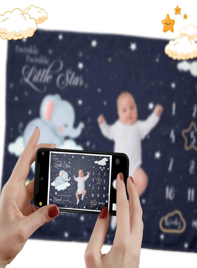 Pavo Baby Monthly Milestone Blanket for Boy Girl - Sleeping Elephant Twinkle Little Star - Elephant Baby Stuff - Premium Shower Gifts for Newborn Essential - 60"x40" - Image 3