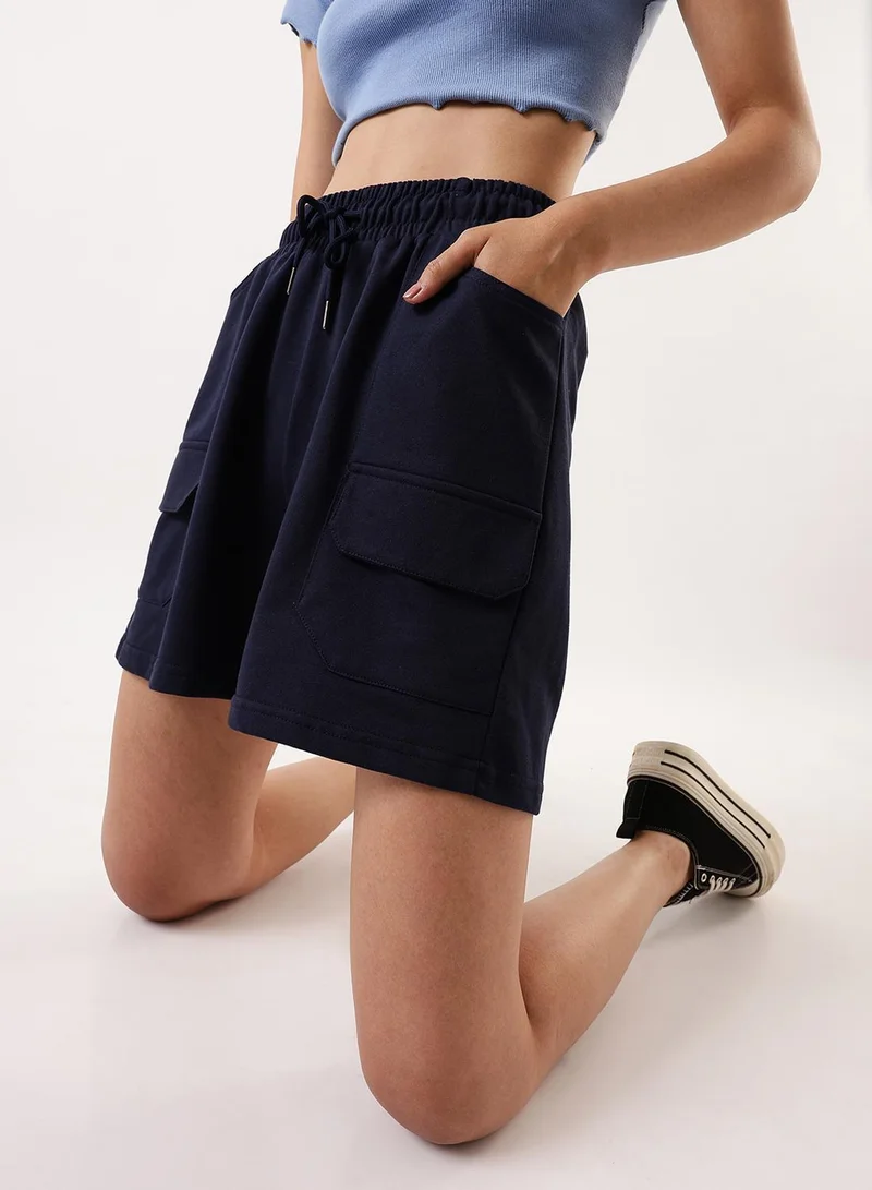 Women's Navy Cotton Blend Solid Cropped Athleisure Relaxed Athleisure Shorts