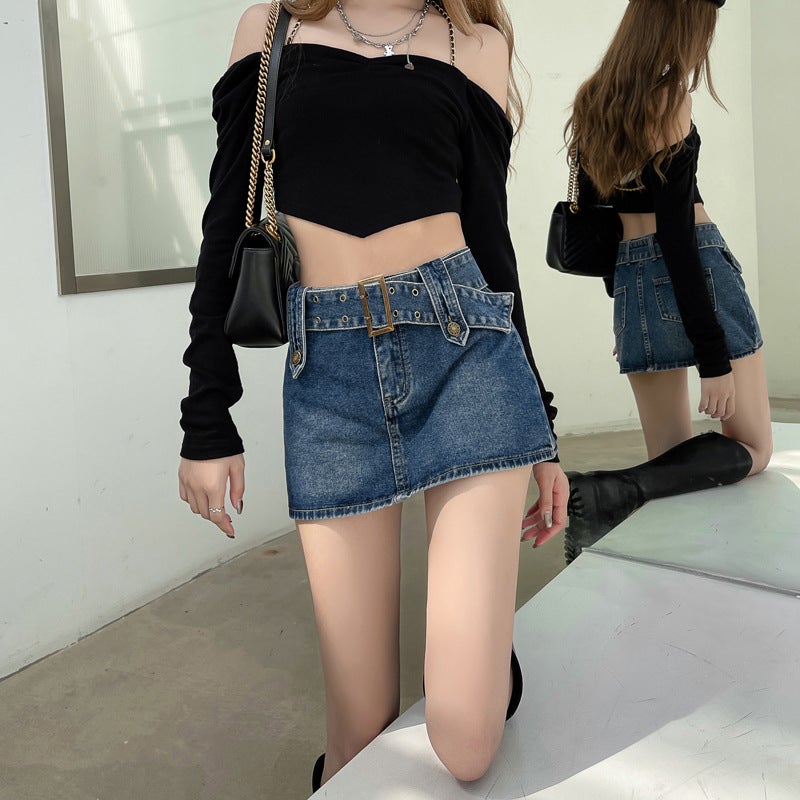 Spice Girl Denim Short Skirt Women's Online Popular ins Sexy Thin Anti-walking Hip A- line Half-length Retro Skirt - Image 3