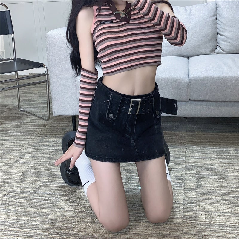 Spice Girl Denim Short Skirt Women's Online Popular ins Sexy Thin Anti-walking Hip A- line Half-length Retro Skirt - Image 1