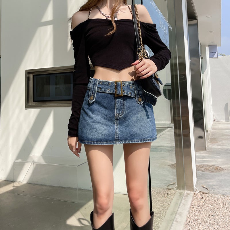 Spice Girl Denim Short Skirt Women's Online Popular ins Sexy Thin Anti-walking Hip A- line Half-length Retro Skirt - Image 2