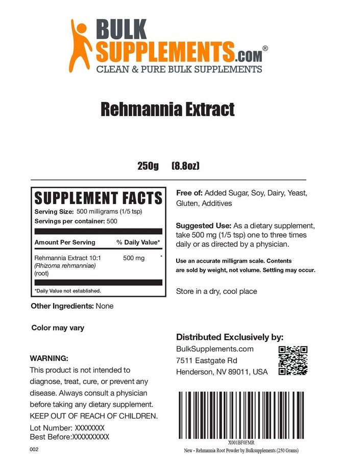 بالك سابلمنتس مسحوق مستخلص ريهمانيا من BulkSupplements.com - من جذر ريهمانيا، ريهمانيا غلوتينوزا، مكمل ريهمانيا - عشبي، خالٍ من الجلوتين، 500 مجم لكل وجبة، 250 جم (8.8 أونصة) (عبوة من قطعة واحدة)  - Image 2