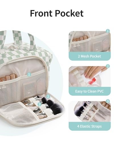 Narwey Travel Toiletry Bag for Women, Checkered Large Makeup Bag, Wide Open Cosmetic Make Up Organizer with Handle, Wet Pocket for Towel, Travel Bag for Toiletries, Brushes, Essentials (Green Checker) - Image 3