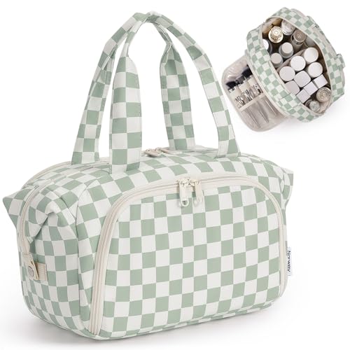 Narwey Travel Toiletry Bag for Women, Checkered Large Makeup Bag, Wide Open Cosmetic Make Up Organizer with Handle, Wet Pocket for Towel, Travel Bag for Toiletries, Brushes, Essentials (Green Checker) - Image 1