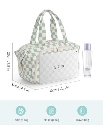 Narwey Travel Toiletry Bag for Women, Checkered Large Makeup Bag, Wide Open Cosmetic Make Up Organizer with Handle, Wet Pocket for Towel, Travel Bag for Toiletries, Brushes, Essentials (Green Checker) - Image 5