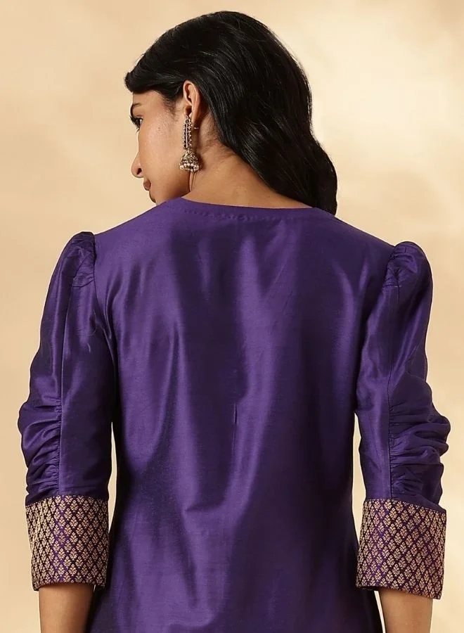 Abhishti Purple Ruched-Sleeve Kurta Pant set