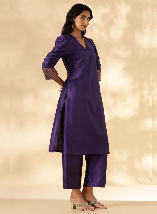 أبهشتي Purple Ruched-Sleeve Kurta Pant set