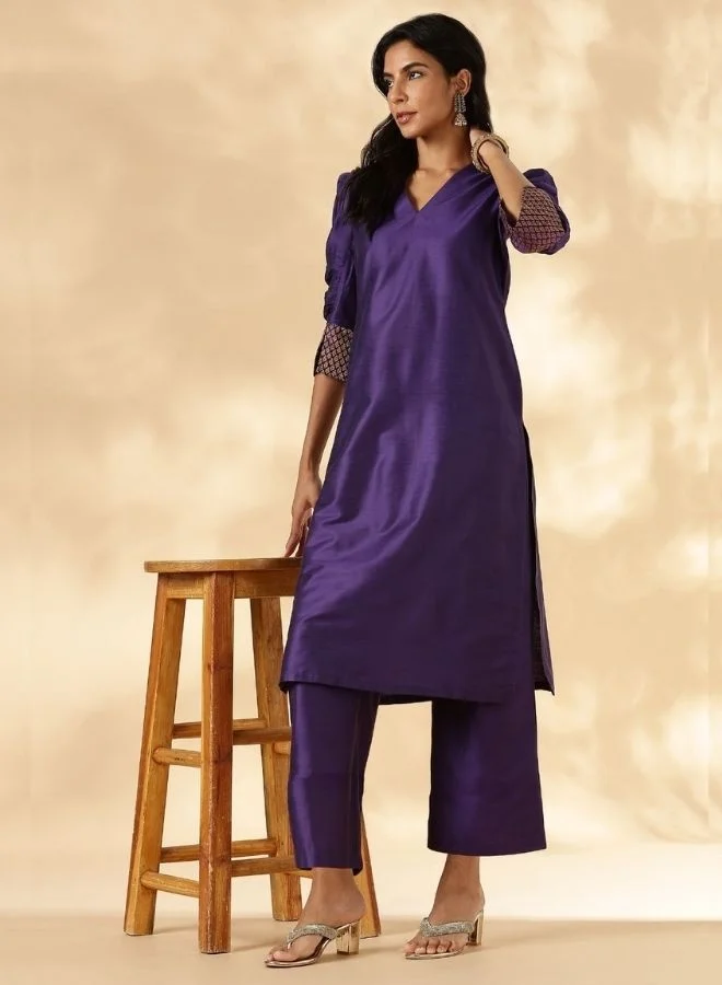 Abhishti Purple Ruched-Sleeve Kurta Pant set
