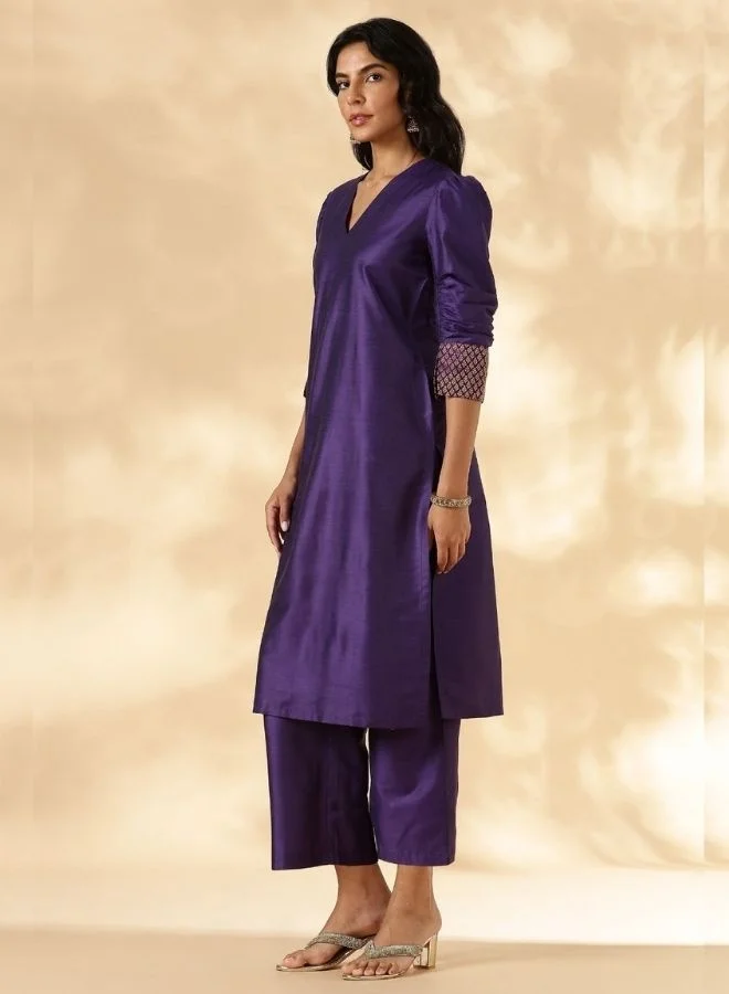 Abhishti Purple Ruched-Sleeve Kurta Pant set