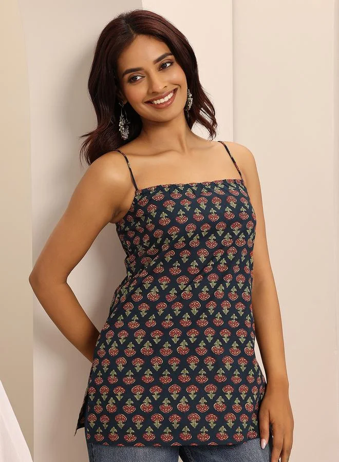 Libas Navy Blue Printed Cotton Straight Kurti