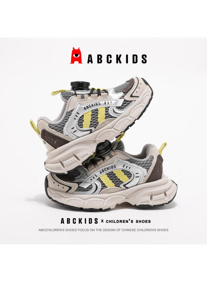 Abc Kids Boys And Girls Autumn Running Shoes, Breathable Mesh Upper, Versatile Sneakers, Rotary Buckle Fashion Casual Shoes, Beige Brown, Size 33 - Image 2