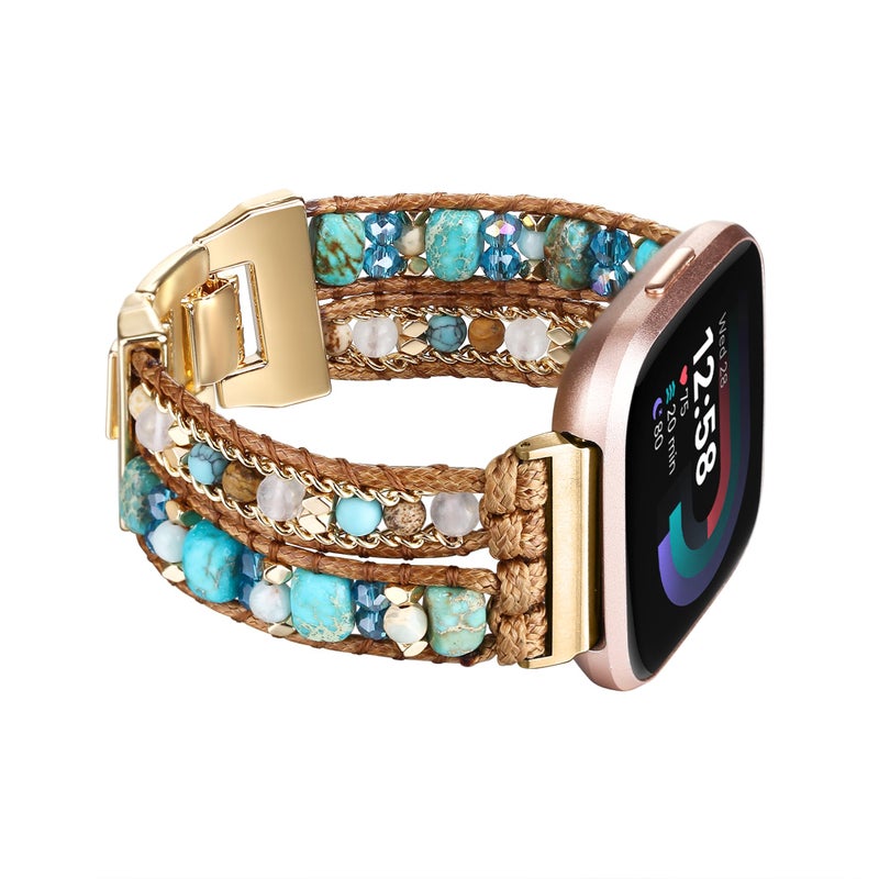 Wingoden Bracelet Bands Compatible with Fitbit Versa 43Sense 2Sense Band for Women Leather Beaded Watch Strap Natural Stone Wrap Boho Watch Band for Fitbit Versa 4 Band Replacement Blue Beads - Image 2