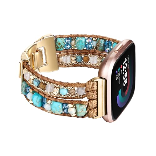 Wingoden Bracelet Bands Compatible with Fitbit Versa 43Sense 2Sense Band for Women Leather Beaded Watch Strap Natural Stone Wrap Boho Watch Band for Fitbit Versa 4 Band Replacement Blue Beads - Image 1