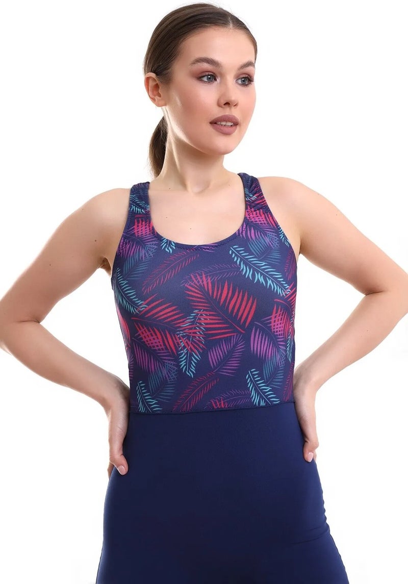 Aykum Women's Swimmer Long Shorts Navy Blue Patterned Striped Swimsuit - Image 2