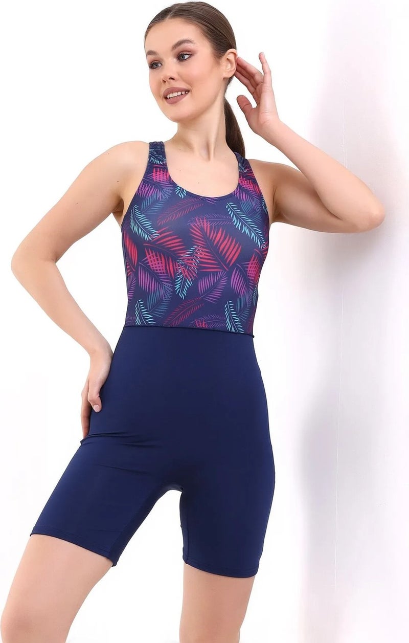 Aykum Women's Swimmer Long Shorts Navy Blue Patterned Striped Swimsuit - Image 3