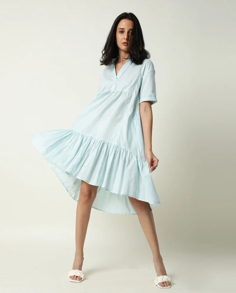 Rareism Women's Collared Glitter Print Tiered Flared Tent Dress